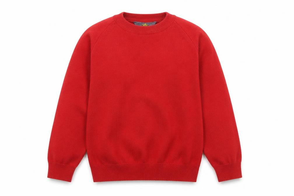 Front view of MagicFit girls’ red round neck cotton jumper, size 8, years