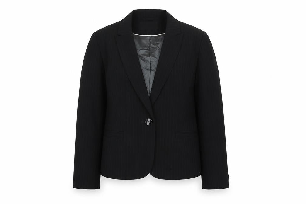 Front view of Papaya women’s black striped polyester jacket suit jacket, size UK 14