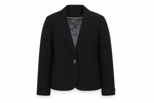 Front view of Papaya women’s black striped polyester jacket suit jacket, size UK 14