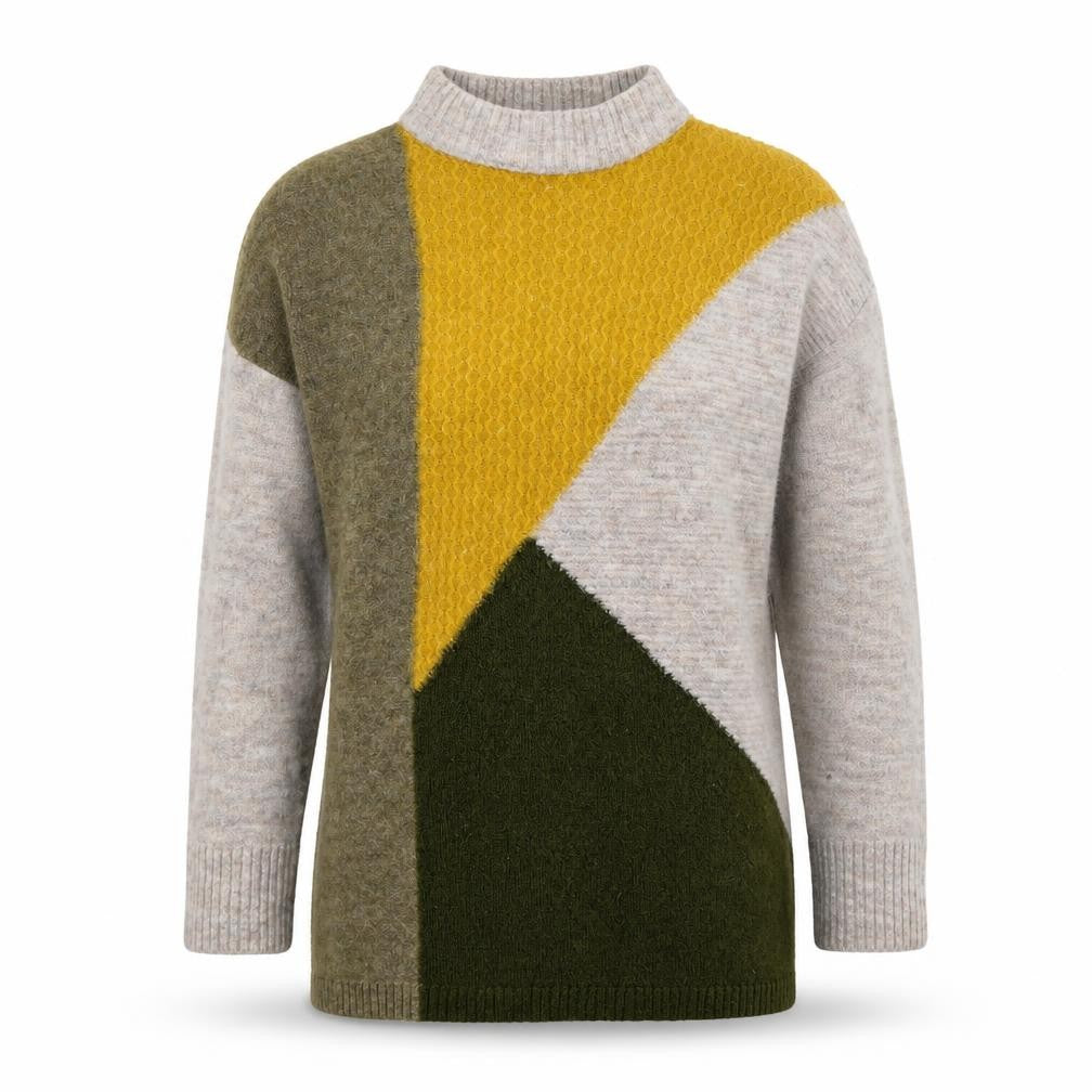 Front view of M&Co women’s beige mock neck acrylic jumper, size UK 10, - colour block