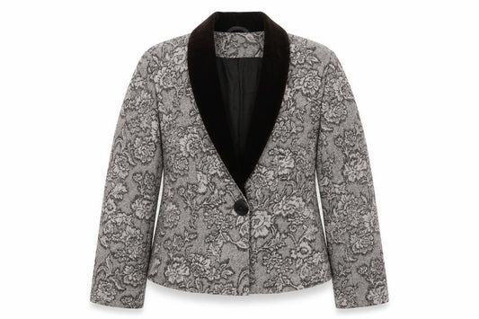 Front view of Alex & Co women’s brown floral jacket, size UK 12, button