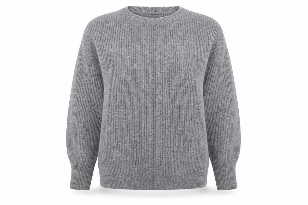 Front view of Primark women’s grey crew neck acrylic jumper, size UK 12