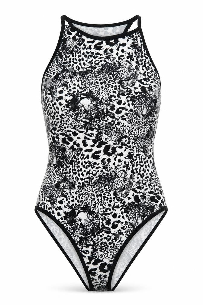 Topshop Womens Black Animal Print Polyester Bodysuit One-Piece Size 8  Snap
