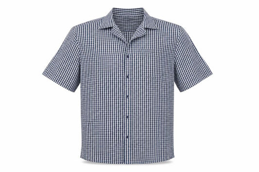 Front view of Peacocks men’s blue check polyester button-up, size L, collared button