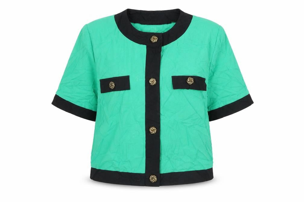 Front view of Preworn women’s green striped jacket, size UK 14