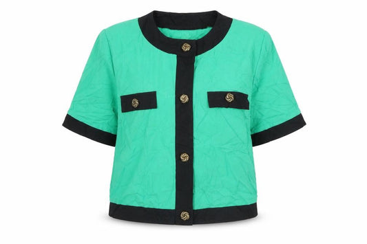 Front view of Preworn women’s green striped jacket, size UK 14