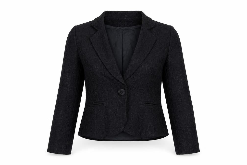 Front view of BHS women’s black floral jacket blazer, size UK 10