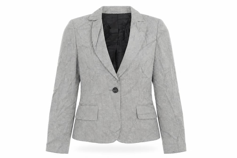 Front view of Impressions women’s beige geometric jacket blazer, size UK 10