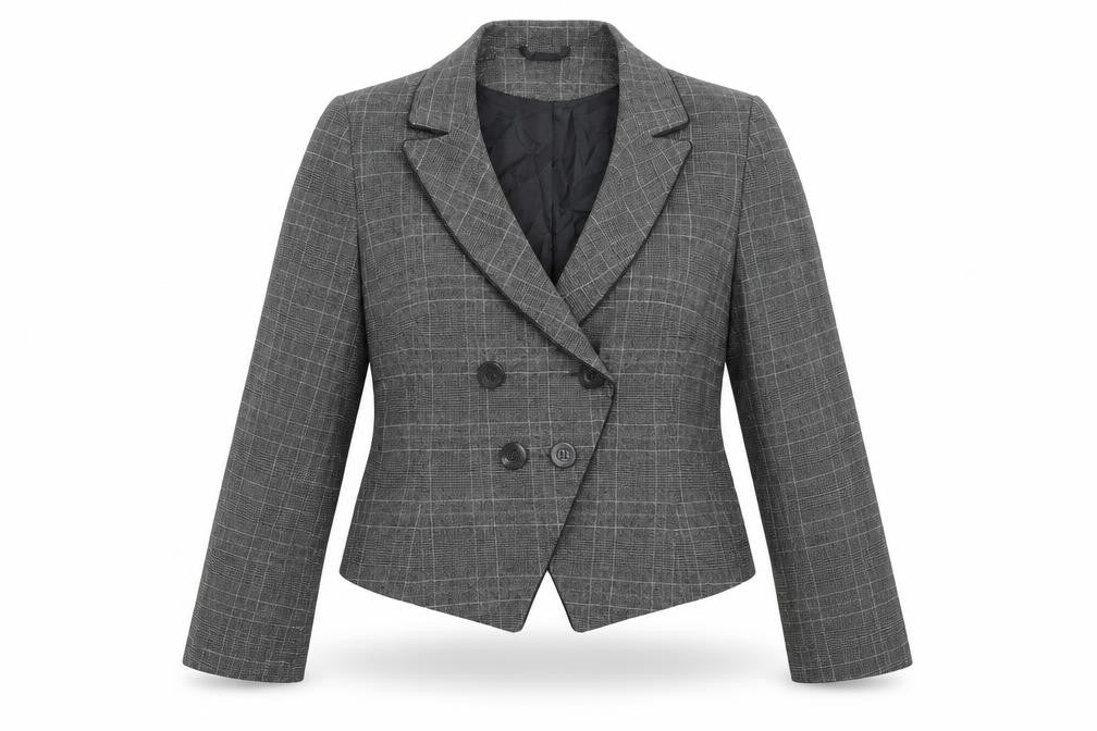 Front view of Dorothy Perkins women’s grey plaid jacket blazer, size UK 12
