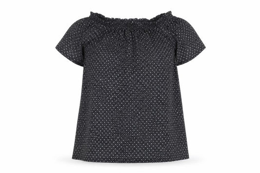 Front view of H&M women’s black geometric polyester a-line, size XS, off the shoulder pullover