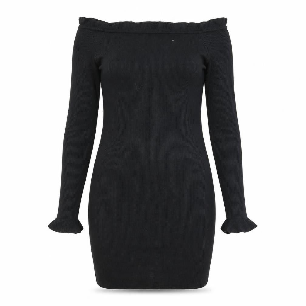 Front view of Edge Street women’s black polyester bodycon, size UK 8, off the shoulder pullover