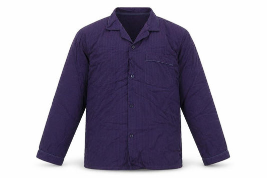 Front view of Dunnes men’s purple geometric cotton button-up, size L, collared button