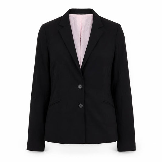 Front view of B women’s black polyester jacket suit jacket, size UK 14