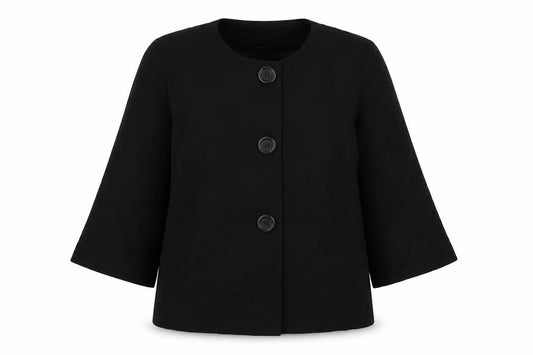 Front view of Warehouse women’s black polyester jacket suit jacket, size UK 16