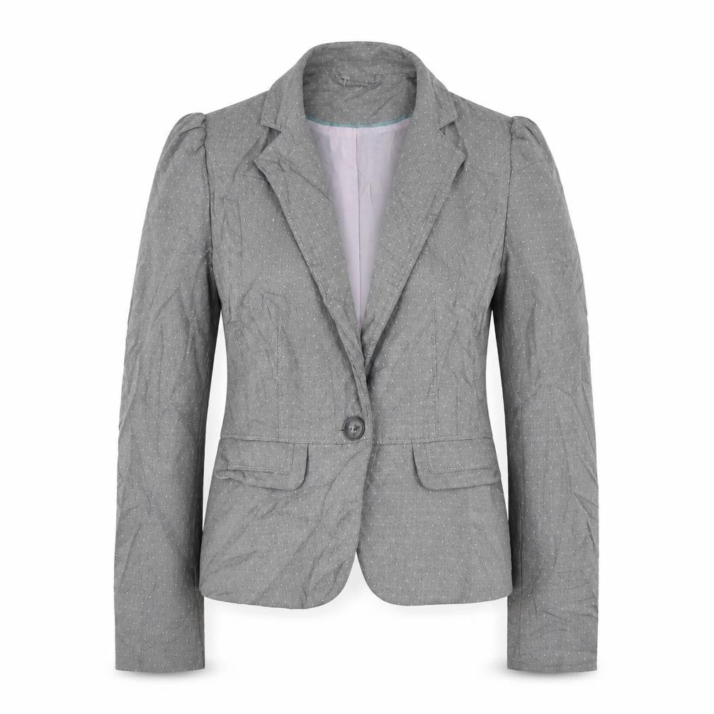 Front view of F&F women’s grey polka dot polyester jacket suit jacket, size UK 6