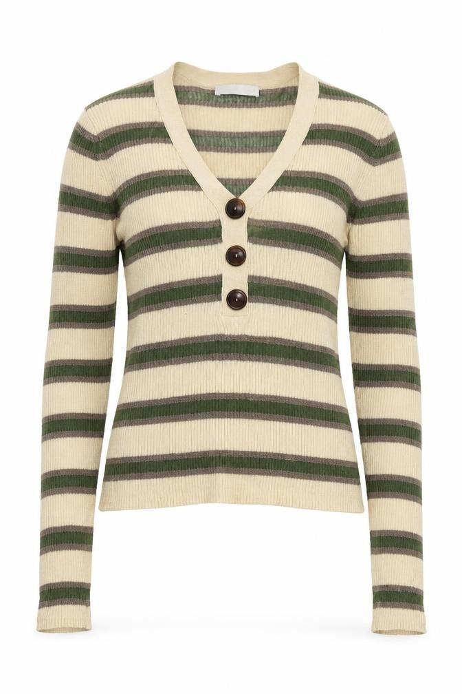 Front view of Per Una women’s beige v-neck striped cotton jumper, size UK 12