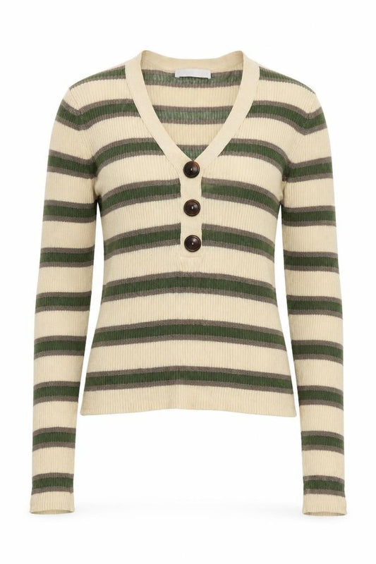 Front view of Per Una women’s beige v-neck striped cotton jumper, size UK 12