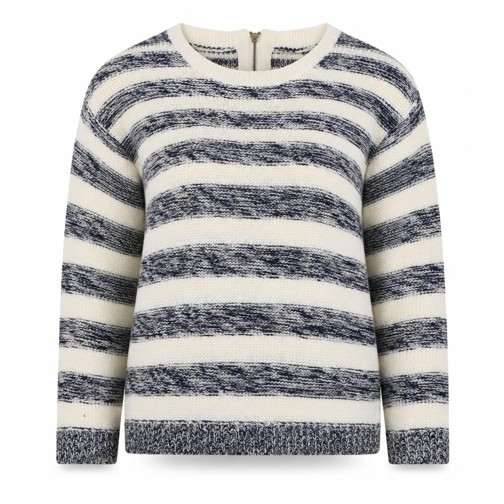 Front view of M&Co women’s blue round neck striped acrylic jumper, size UK 12