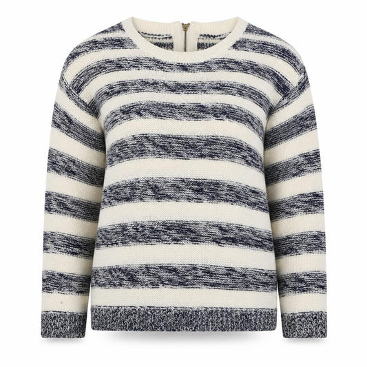 Front view of M&Co women’s blue round neck striped acrylic jumper, size UK 12