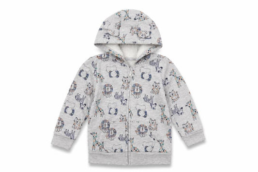Front view of George Baby Grey Geometric Cotton Full Zip Jumper, size 9-12, Months Zip - Lion&Giraffe Print