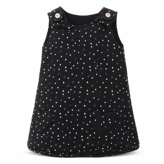 Front view of George girls’ black geometric cotton pinafore/dungaree dress, size 12-18, months round neck