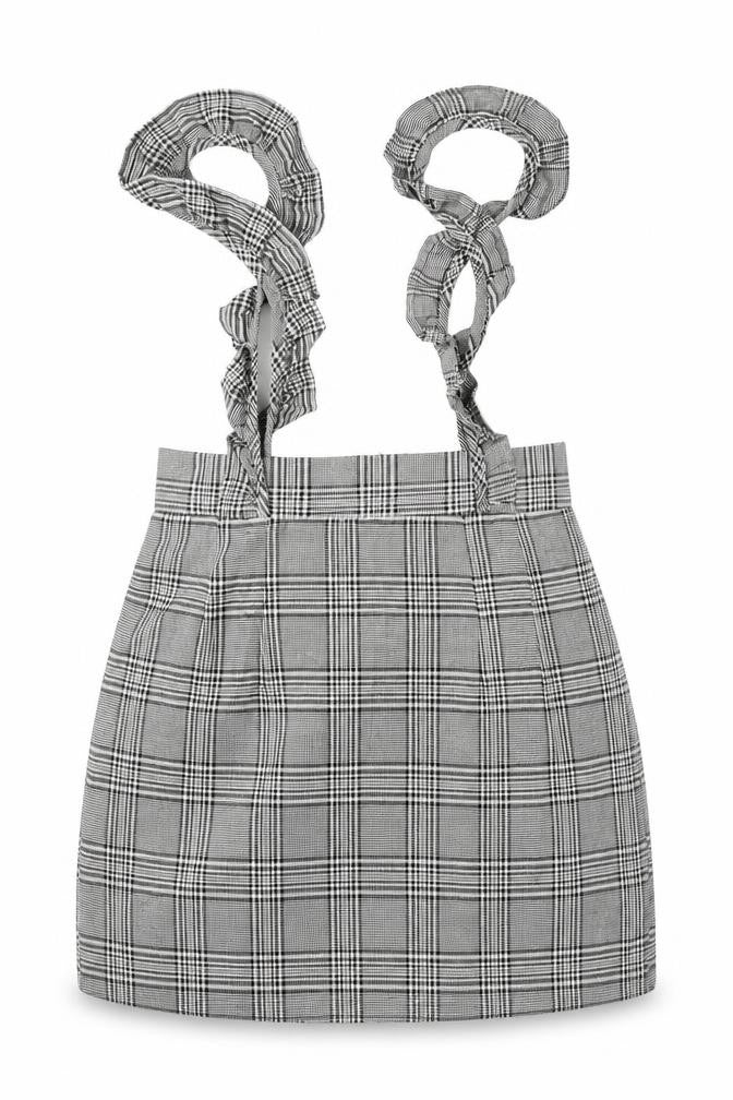 Front view of Preworn women’s grey plaid polyester a-line skirt, size S