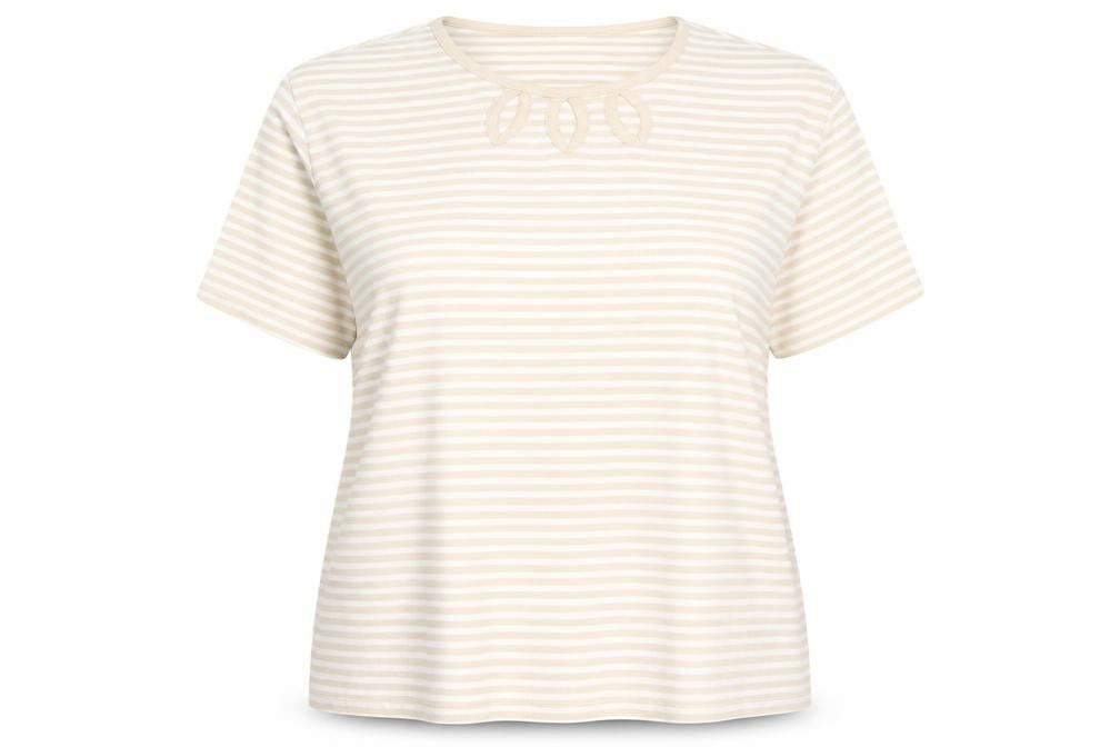 Front view of Isle Essentials women’s beige round neck striped cotton jumper, size XL