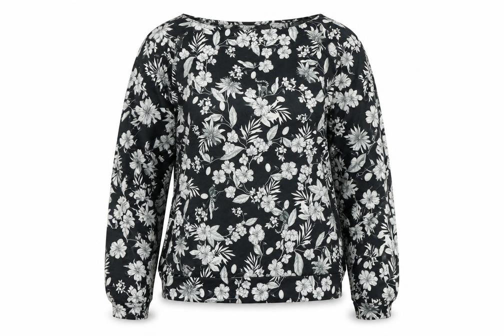 Front view of Primark women’s black round neck floral polyester jumper, size L