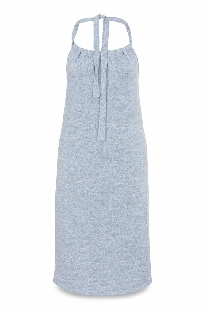 Front view of SHEIN women’s blue elastane pencil dress, size S, round neck