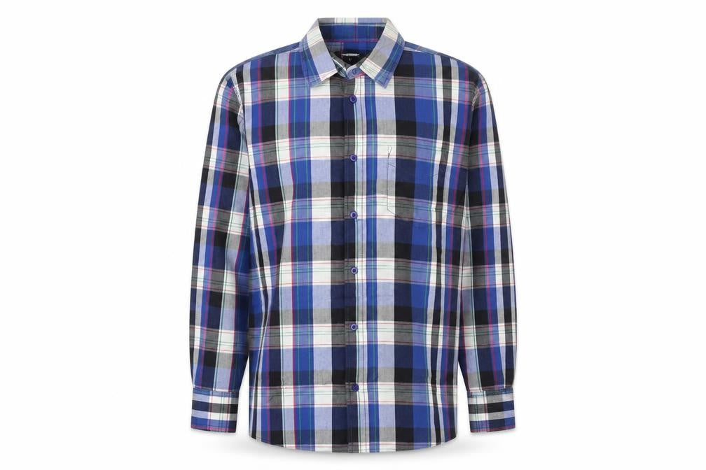 Front view of cargoquay men’s blue plaid cotton button-up, size L, collared button