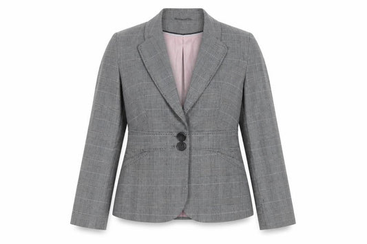 Front view of Next women’s grey plaid jacket blazer, size UK 12