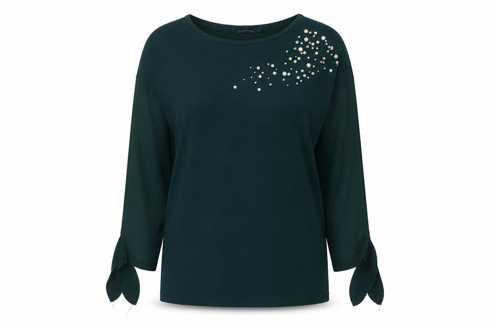 Front view of Stradivarius women’s green polyester basic blouse, size M, round neck