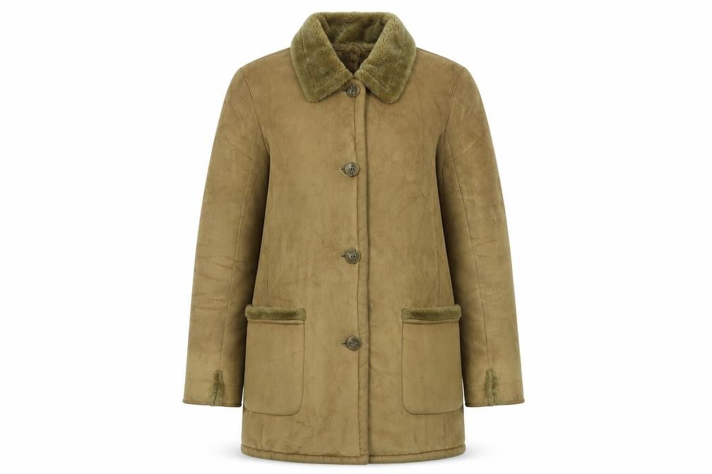Front view of Preworn women’s beige pea coat coat, size M, button