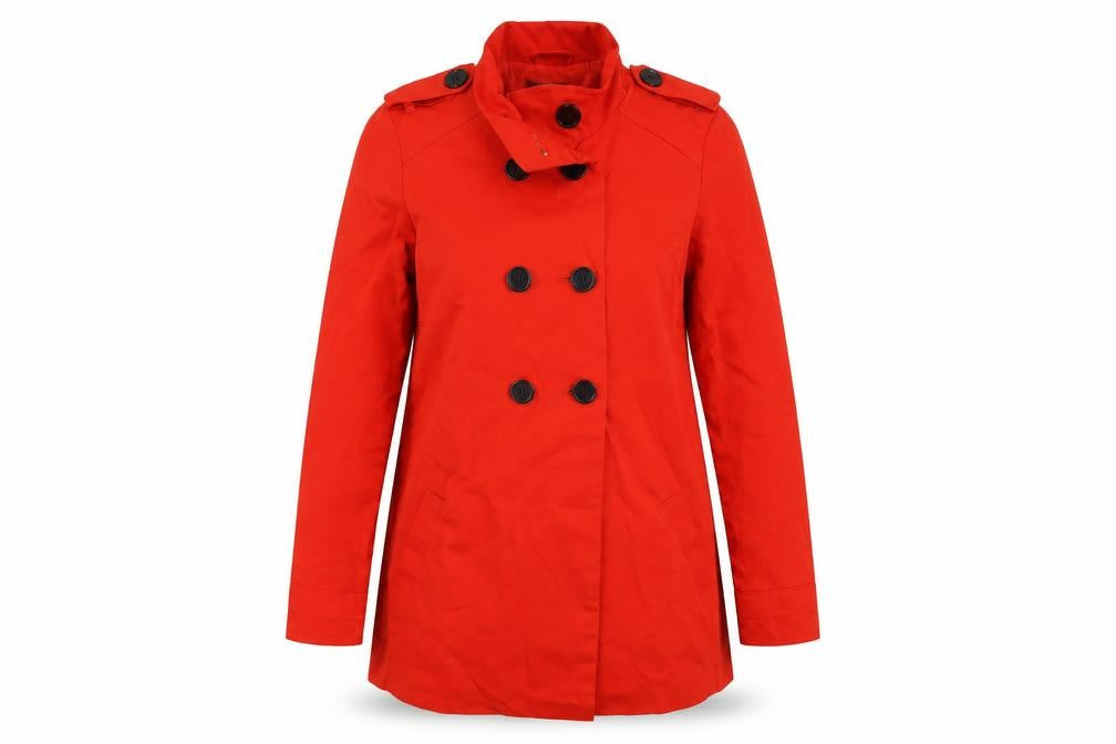 Front view of La Redoute women’s red pea coat coat, size UK 6, button