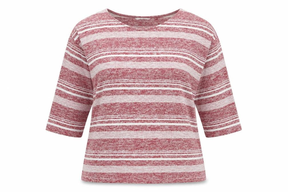 Front view of Tu women’s red boat neck striped polyester jumper, size UK 16