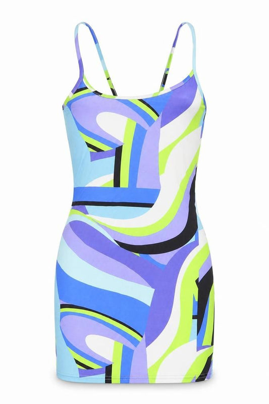 Front view of PRETTYLITTLETHING women’s multicoloured geometric polyester mini, size UK 6, scoop neck pullover