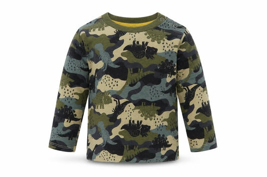 Front view of F&F Baby Green Geometric Cotton Pullover T-Shirt, size 3-6, Months Crew Neck Snap - Dinosaur Print