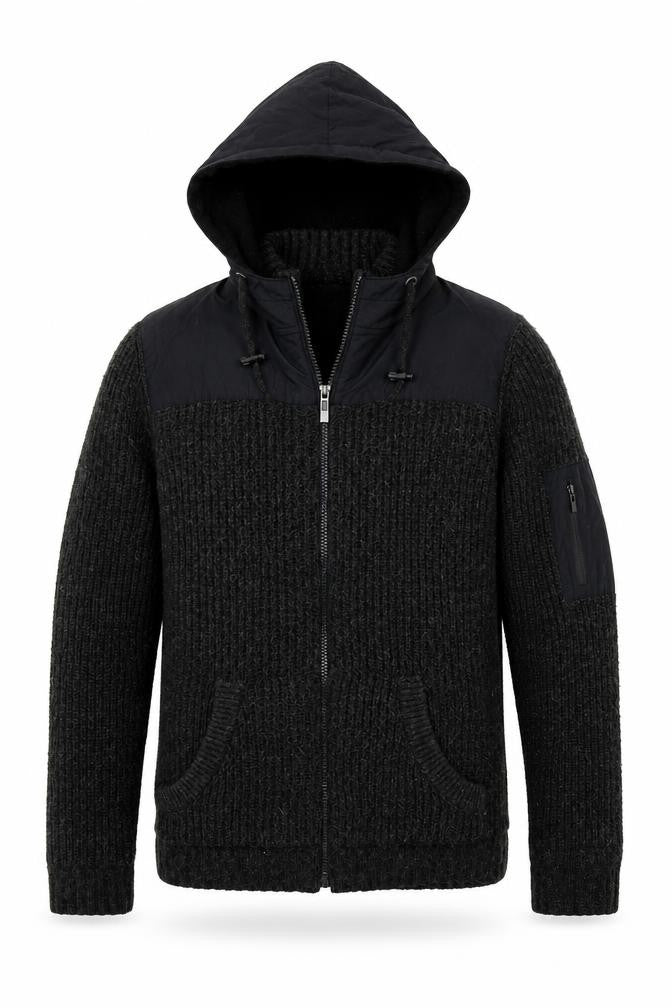Front view of D Code men’s grey acrylic full zip hoodie, size S