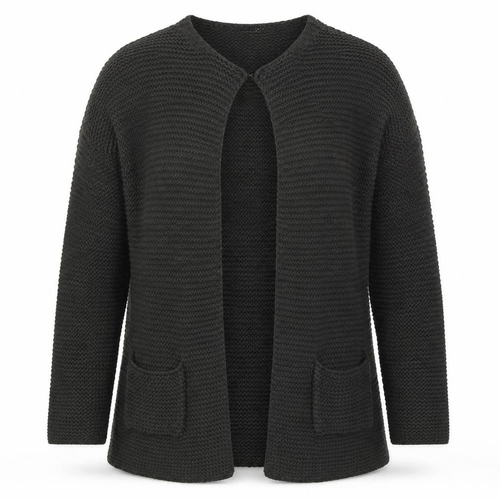 Front view of Atmosphere women’s grey round neck acrylic cardigan jumper, size S