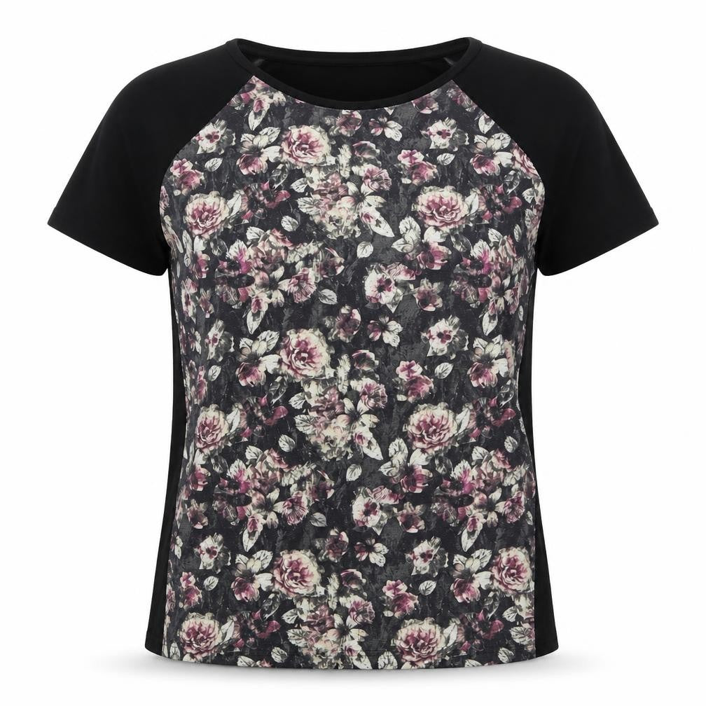 Front view of Matalan women’s black floral polyester basic t-shirt, size UK 10, round neck