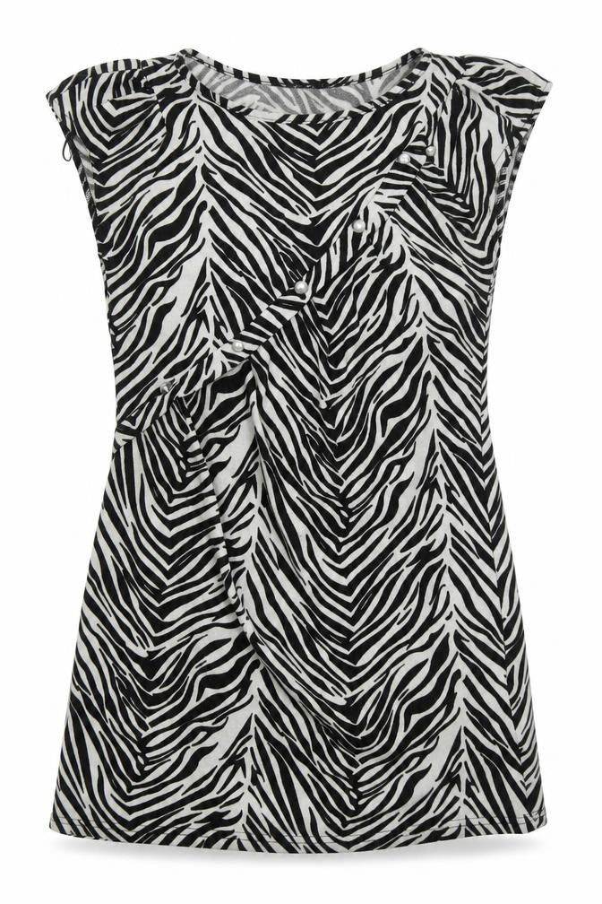 Front view of Pussycat women’s black animal print polyester mini, size UK 14, round neck pullover - zebra print