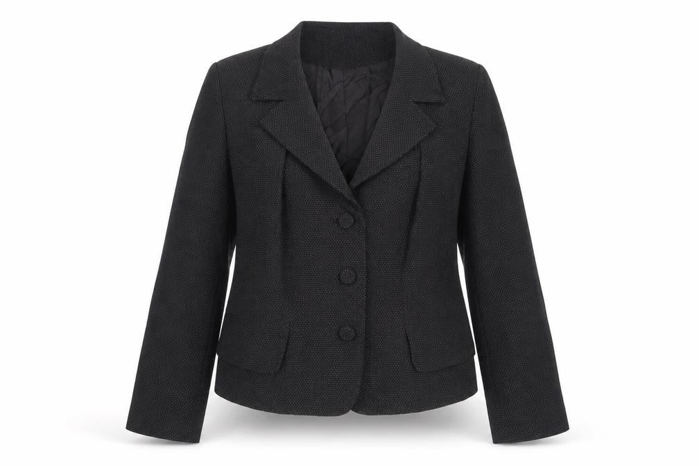 Front view of Mandolin women’s grey polka dot viscose jacket suit jacket, size UK 12