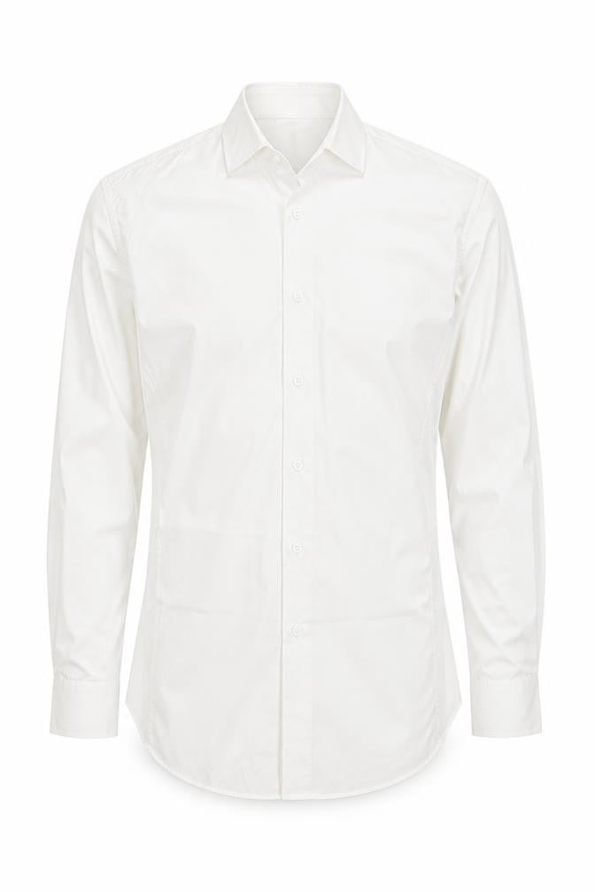 Front view of Topman men’s white cotton button-up, size S, collared