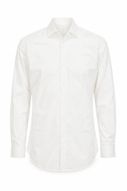 Front view of Topman men’s white cotton button-up, size S, collared