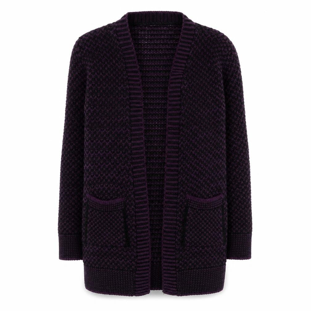 Front view of Glimpse women’s purple collared acrylic cardigan jumper, size S