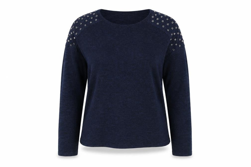 Front view of New Look women’s blue round neck polyester jumper, size UK 12