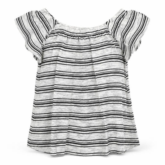 Front view of Papaya women’s grey striped viscose jersey blouse, size UK 14, off the shoulder