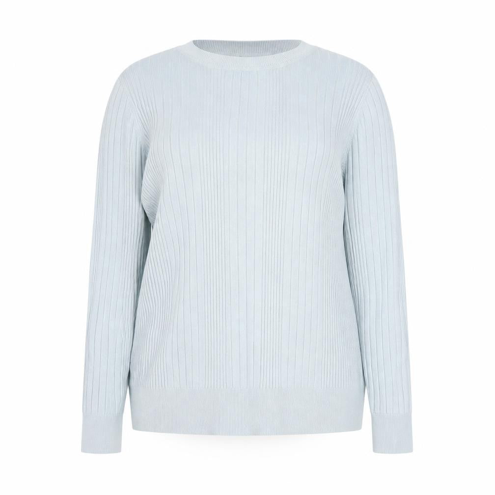 Front view of New Look women’s blue round neck viscose jumper, size UK 18