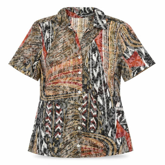 Front view of Canda women’s grey geometric polyester basic button-up, size M, collared