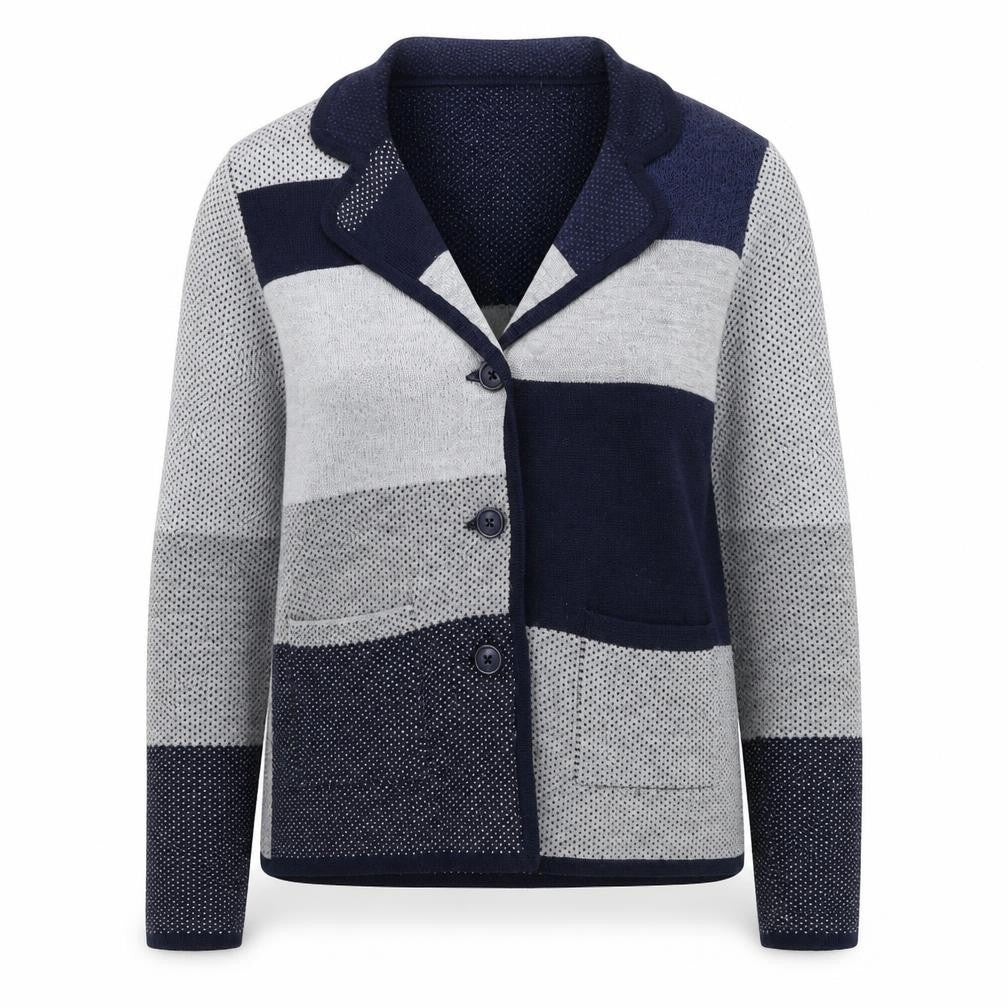 Front view of Kenar women’s blue collared acrylic cardigan jumper, size XS
